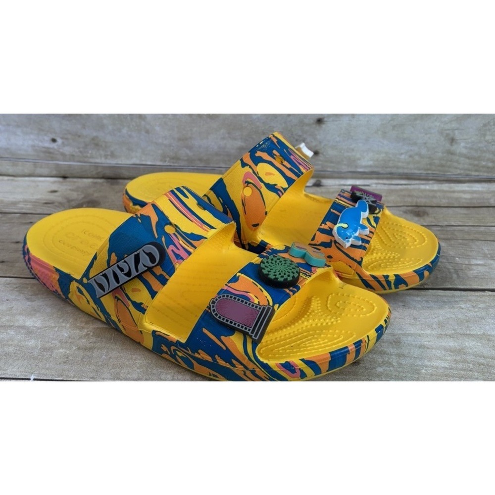 Crocs‎ Diplo Sandals Mens 7, Women's 9, Yellow Classic 2 Strap Slide Tie Dye